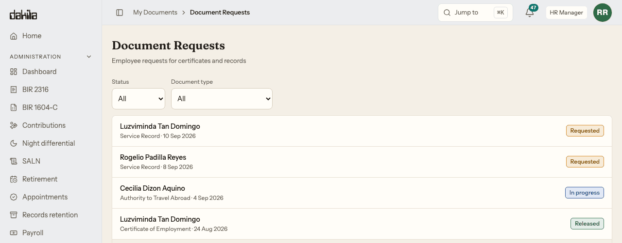 The document request queue opened by an HR Manager on the Bureau of Revenue Administration demo. Filters for status and document type sit above the queue, each row carrying the employee's name, the document type, the date filed and a status: Luzviminda Tan Domingo's Service Record of 10 September 2026 requested, Rogelio Padilla Reyes's Service Record of 8 September 2026 requested, Cecilia Dizon Aquino's Authority to Travel Abroad of 4 September 2026 in progress, and Luzviminda Tan Domingo's Certificate of Employment of 24 August 2026 released.