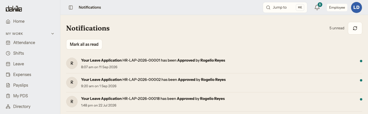 The notifications screen for an employee on the Bureau of Revenue Administration demo, signed in as Employee, headed Notifications with five unread and a Mark all as read button. The first three entries, each with a reference number, the deciding officer and a timestamp: leave application HR-LAP-2026-00001 approved by Rogelio Reyes at 8:07 am on 11 September 2026, HR-LAP-2026-00002 approved by Rogelio Reyes at 9:20 am on 1 September 2026, and HR-LAP-2026-00018 approved by Rogelio Reyes at 1:48 pm on 22 July 2026. The sidebar shows only a My Work section.