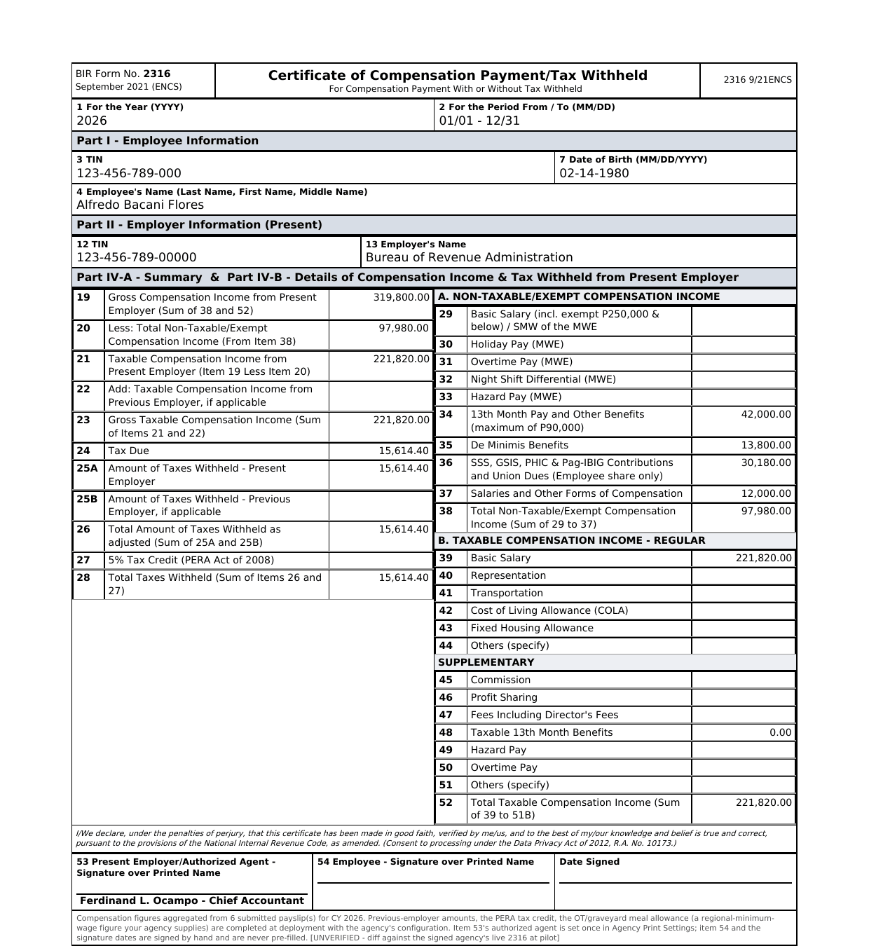 The top of a generated BIR Form 2316 certificate.