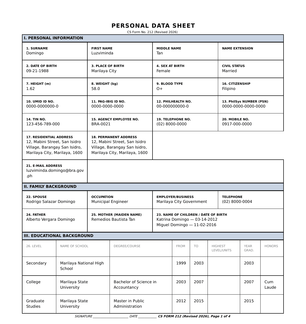 The first page of a generated CS Form 212 Personal Data Sheet.