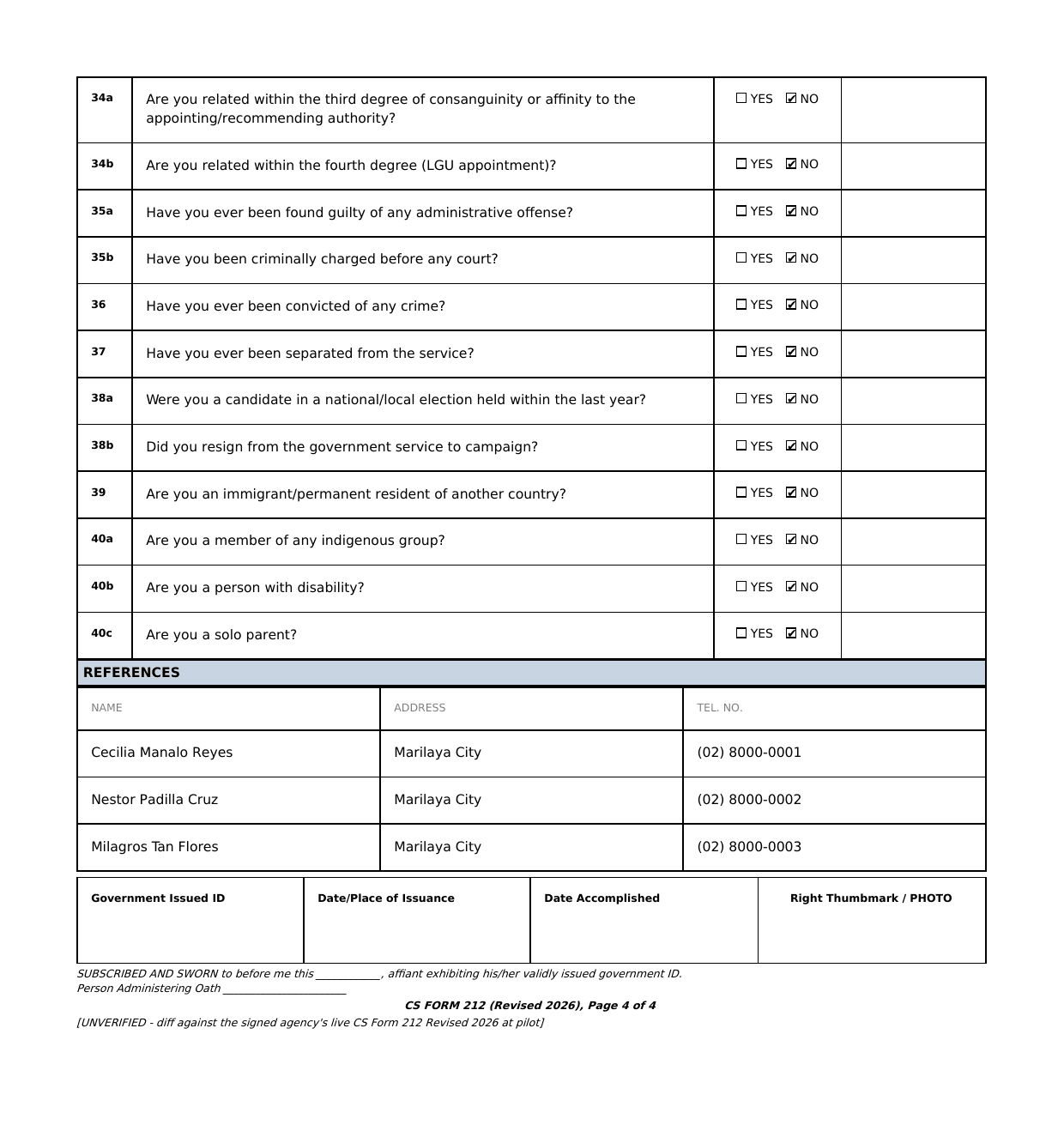 Page 4 of CS Form 212. The disclosures at items 34a through 40c are each answered No: relation to the appointing authority, administrative offence, criminal charge, conviction, separation from the service, candidacy in an election, resignation to campaign, immigrant status, indigenous group membership, disability and solo parent status. Three references are listed with addresses and telephone numbers, followed by the government ID, date accomplished, thumbmark and photo boxes and the oath block.